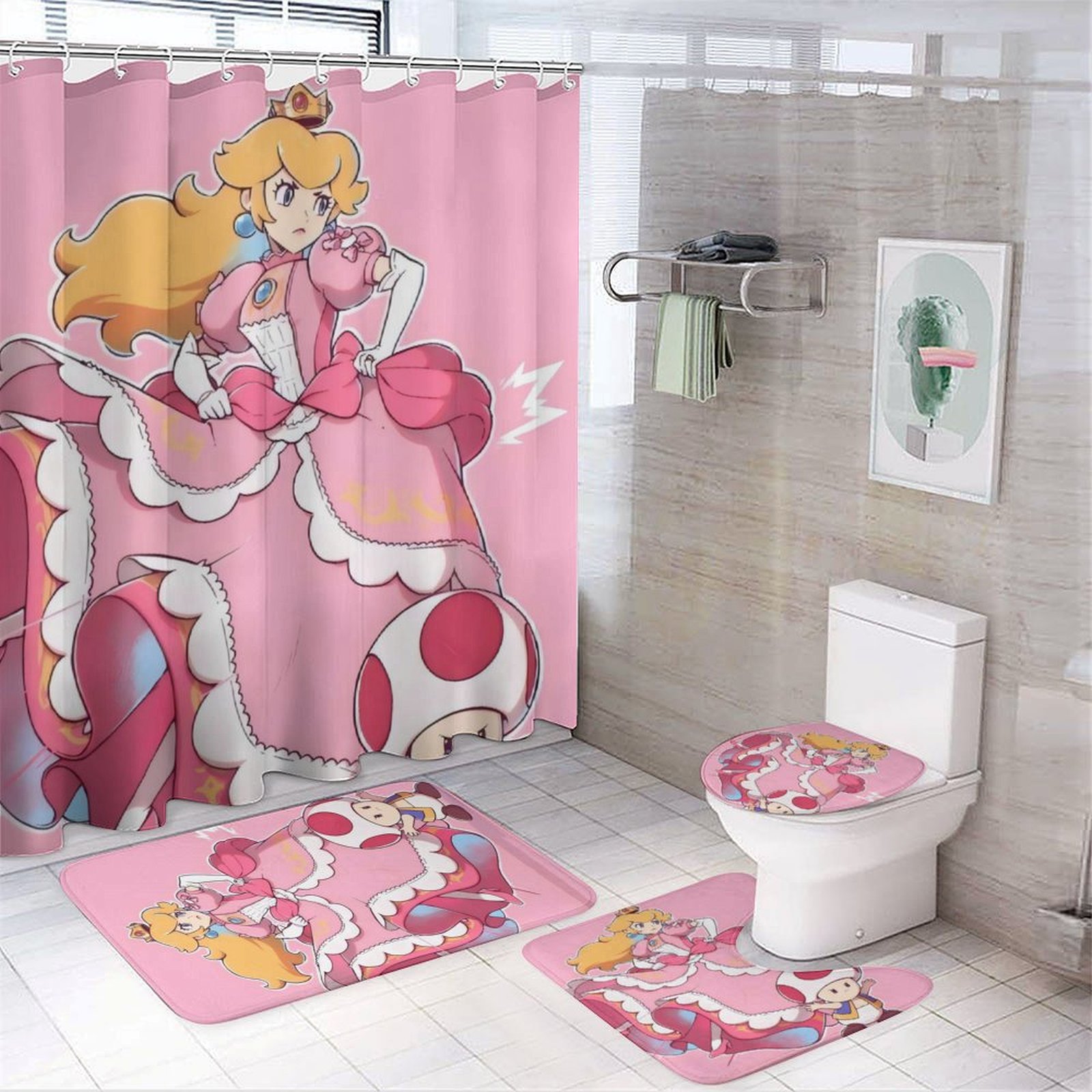 Super Mario Princess Peach Shower curtain 4-piece non-slip carpet Toilet seat cover and bathroom mat Halloween decorations 72*72 inch